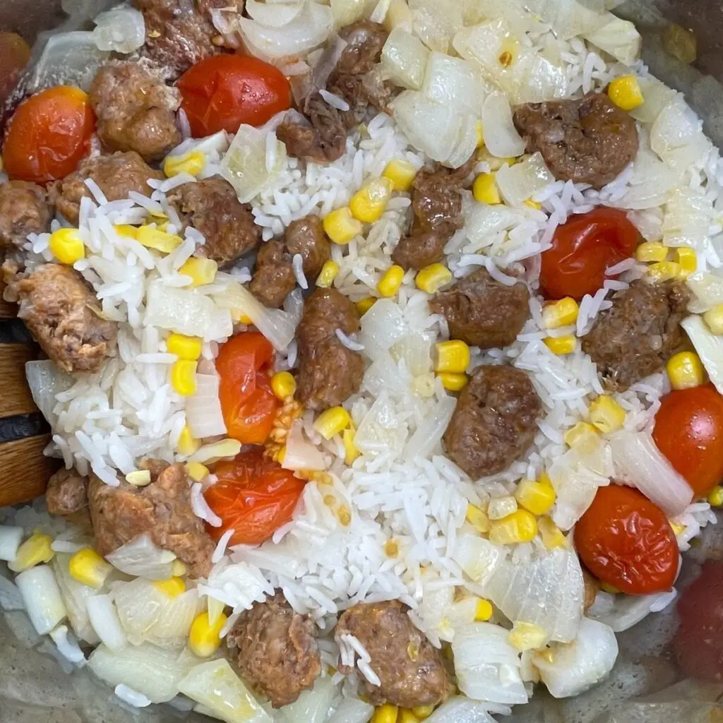 Cooked Jasmine Rice and  Sausage